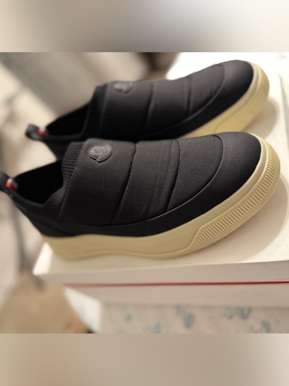 Moncler Black Quilted Slip-On Sneakers with Cream Sole